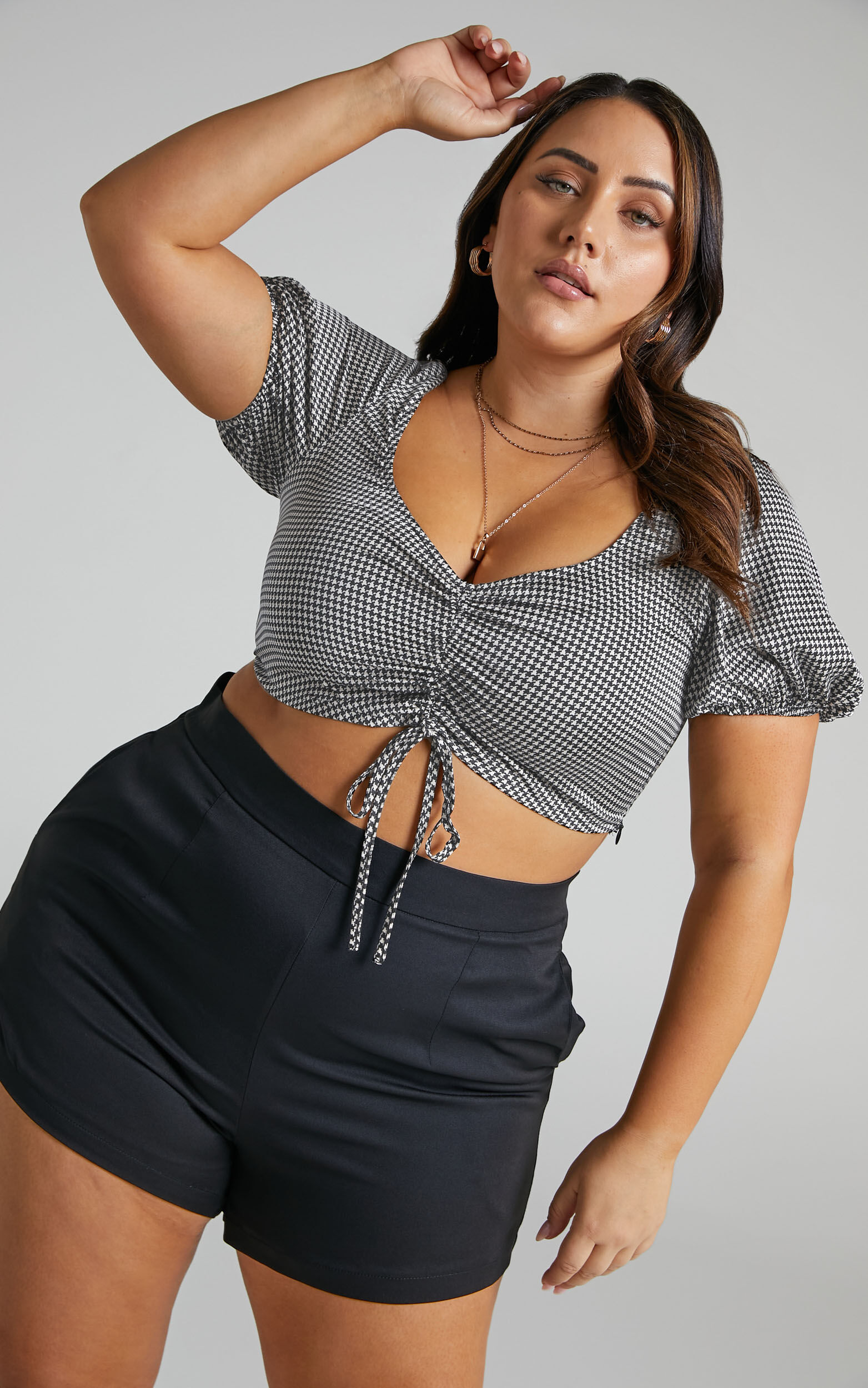 Modina Puff Sleeve Drawstring Crop Top in Houndstooth Satin - 06, BLK1, super-hi-res image number null