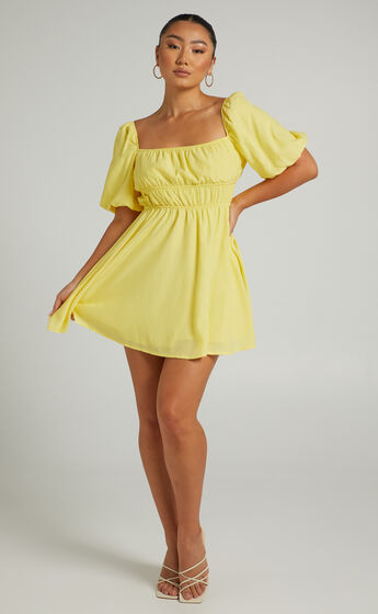 Maretta Stretch Waist Square Neck Mini Dress in Butter Yellow