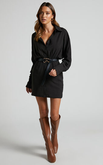 Norie Mini Dress - Button Up Long Sleeve Shirt Dress in Black