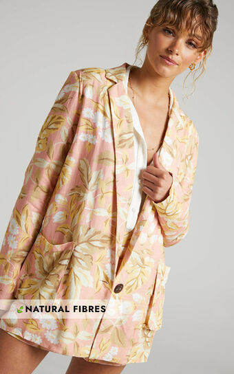 Amalie The Label - Bay Linen Look Relaxed Button Front Blazer in Pink Floral