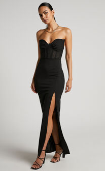 Melina Midaxi Dress - Strapless Mesh Bustier Thigh Split Dress in Black