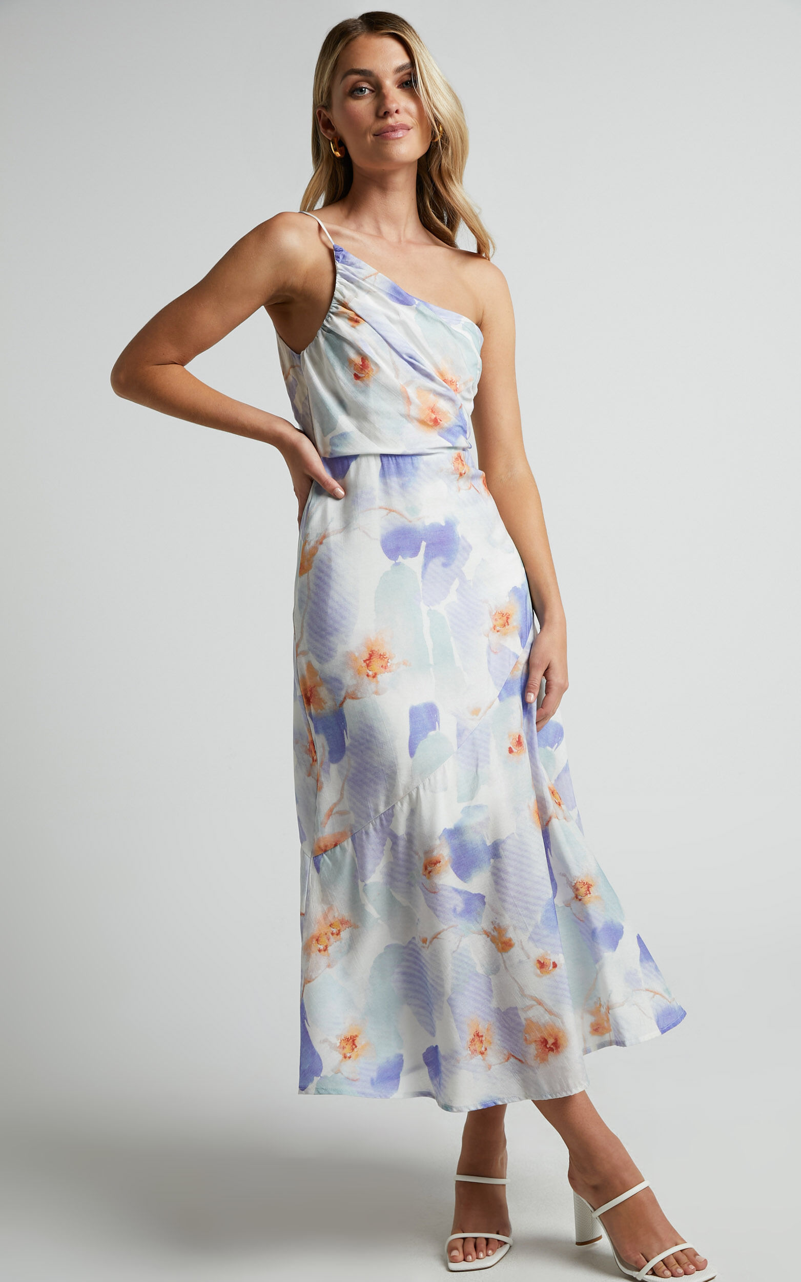 Alyssia Midi Dress - One Shoulder Ruched Satin Dress in Blue Floral - 06, BLU1