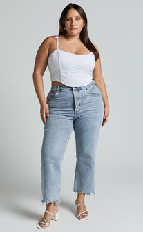 Zelrio Jeans - High Waisted Recycled Cotton Cropped Denim Jeans in Mid Blue Wash