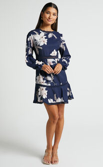 Not Missing Out Mini Dress - Long Puff Sleeve Dress in Navy Floral