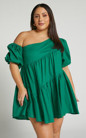 Harleen Mini Dress - Asymmetrical Trim Puff Sleeve Dress in Green ...