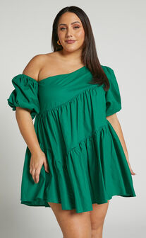 Harleen Mini Dress - Asymmetrical Trim Puff Sleeve Dress in Green
