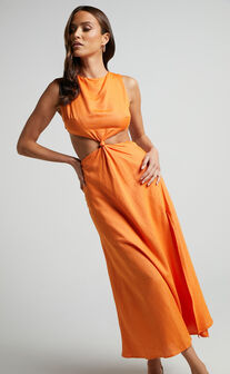 Olivia Midi Dress - Sleeveless Cut Out Slit Side Dress in Orange