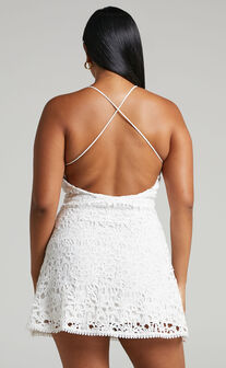 Megumi Cross Back High Neck Mini Dress in Broderie Lace in White