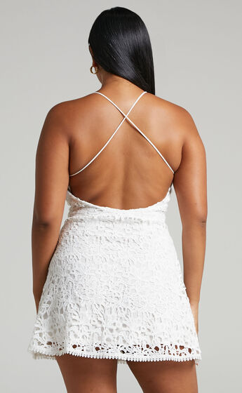 Megumi Cross Back High Neck Mini Dress in Broderie Lace in White