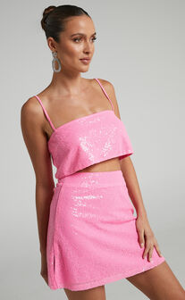 Elswyth Side Split Sequin Mini Skirt in Pink
