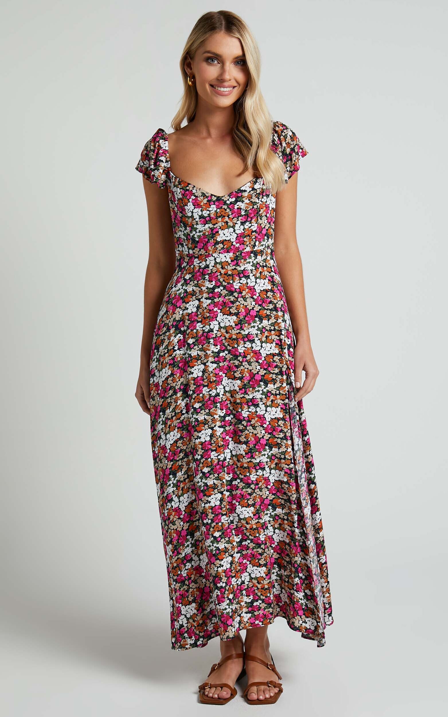 Donissa Midaxi Dress - Thigh Split Flutter Sleeve Dress in Navy Floral - 04, NVY1