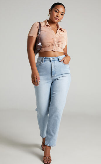 Dolly Button Up Slinky Short Sleeve Crop Top in Sand
