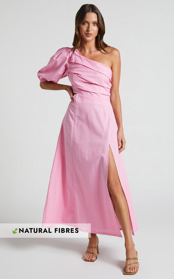 Amalie The Label - Mondie Linen Cut Out One Shoulder Puff Sleeve Midi Dress in Pink