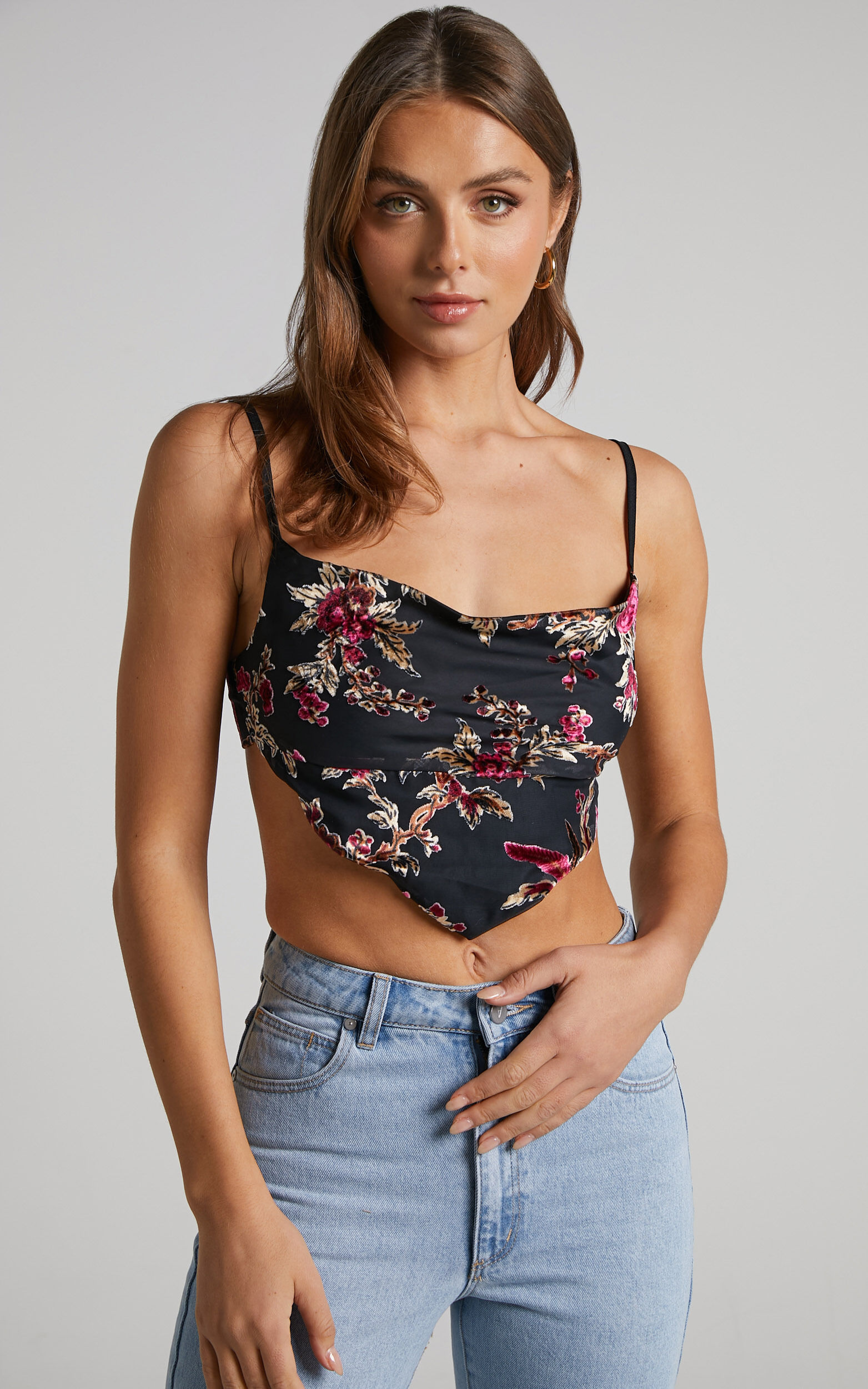 Jessell Top - Cowl Neck Bandana Cami in Black Floral - 06, BLK1