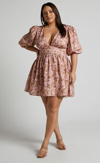 Amalie The Label - Rivinna Linen Look Pleat Waist Puff Sleeve Mini Dress in Vahala Print