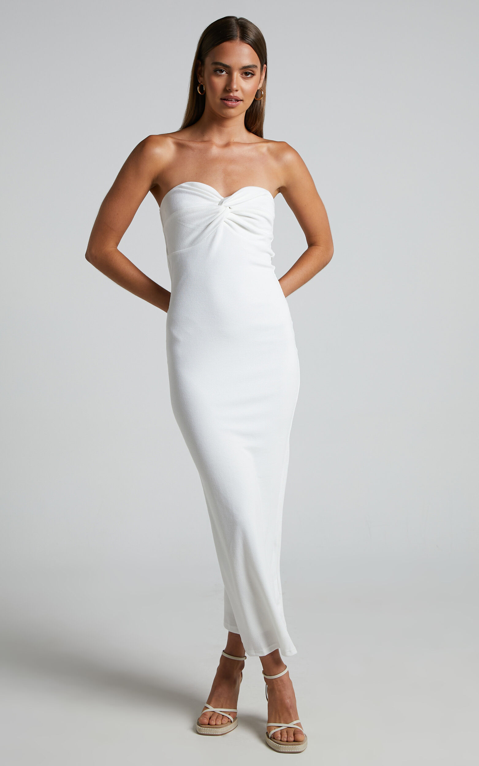 Aravis Midaxi Dress - Twist Front Strapless Ribbed Bodycon Dress in White - 04, WHT1