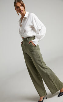 Florencia Pinstripe Wide Leg Pants in Olive