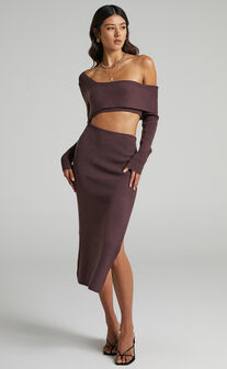 Alabama Midi Dress - Off One Shoulder Asymmetric Long Sleeve Knit Dress in Chocolate