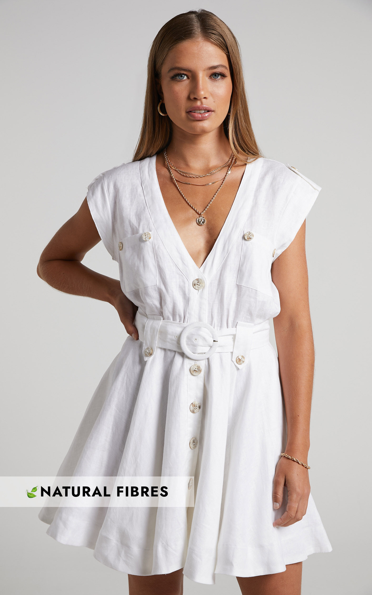 Amalie The Label - Alexandre Linen Utility Style Mini Dress in White - 04, WHT1, super-hi-res image number null