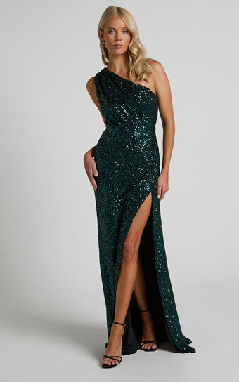 Jemmah One Shoulder Gathered Maxi Dress with Split in Emerald Sequin
