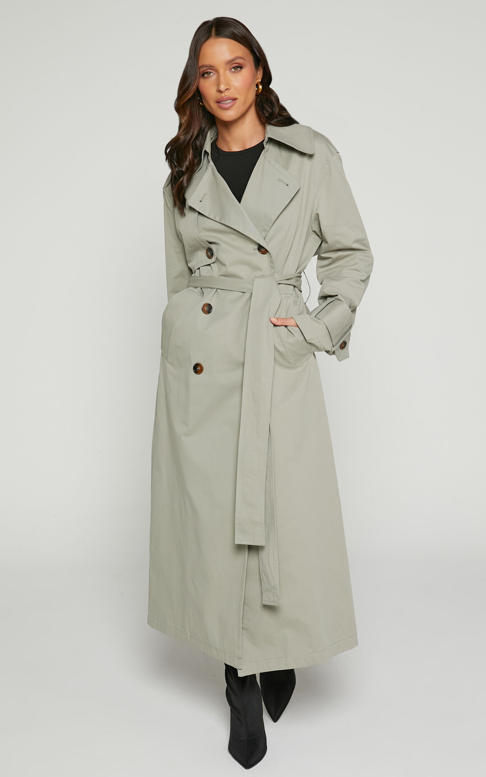 Avah Trench Coat - Double Breasted Tie Waist Coat in Washed Khaki - 04, GRN1