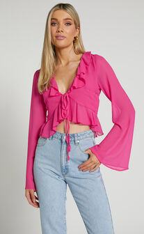 Shaunte Top - Tie Front Frill Top in Pink