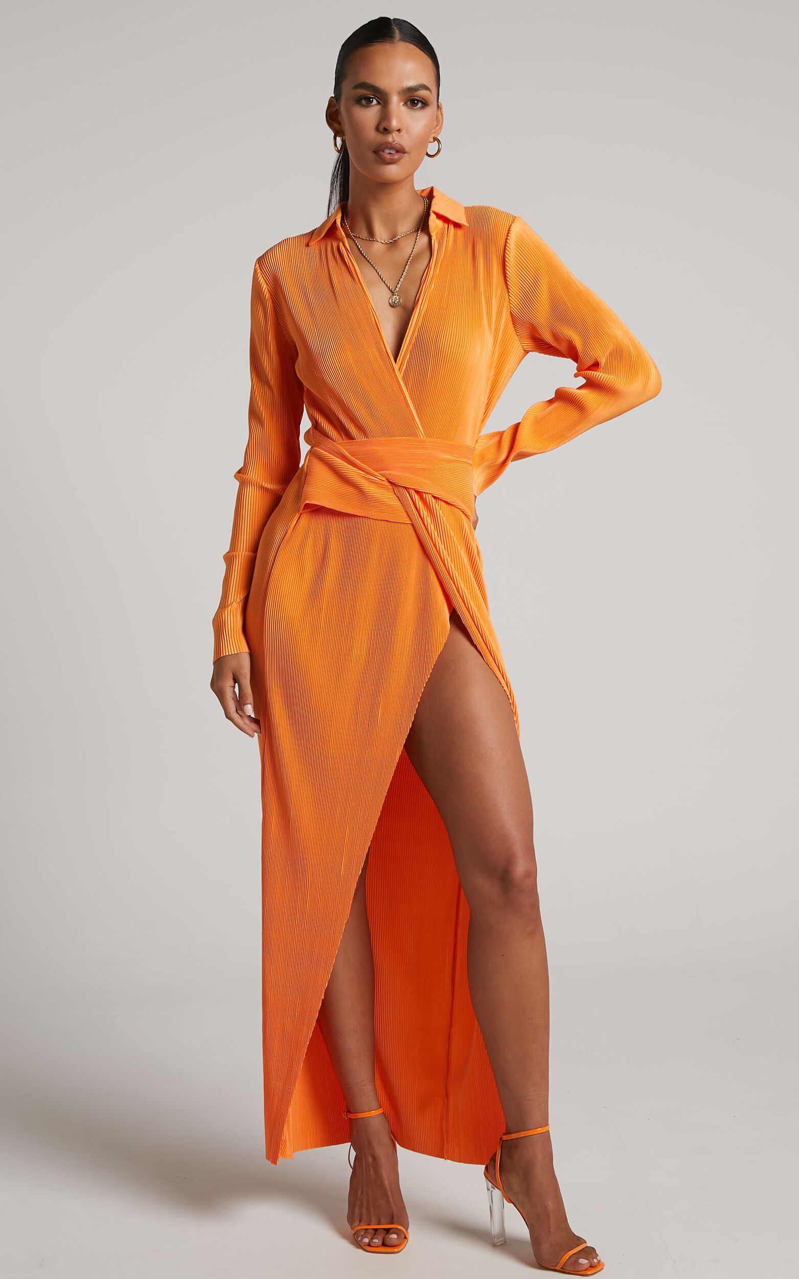 Twisted Front Satin Color Block Midi Dress - Fuchsia/Orange - LUXXE