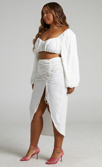 Shamir Balloon Sleeve Crop Top and Ruched Split Midi Skirt in White