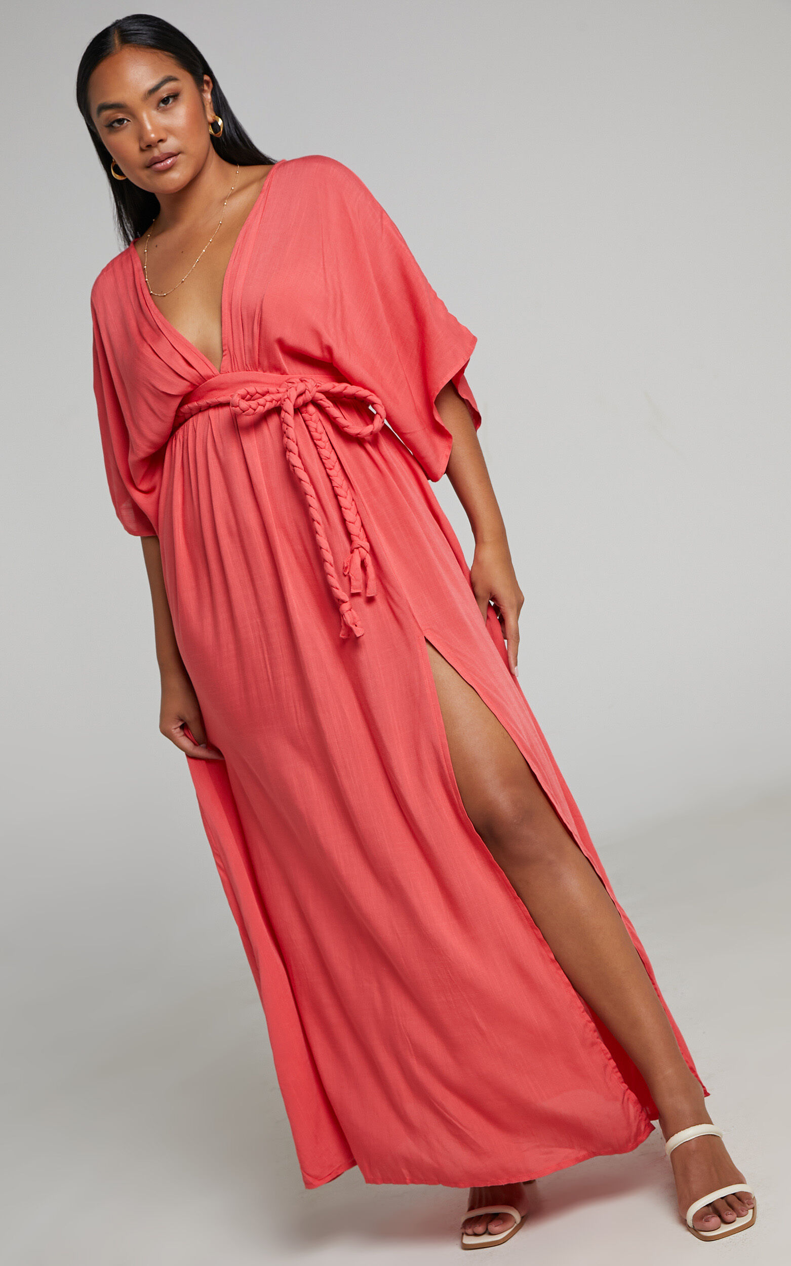 Phillipha Underbust Tie Angel Sleeve Maxi Dress in Watermelon - 04, PNK2, super-hi-res image number null