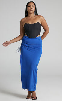 Jiraah Ruched Bodycon Side Split Maxi Skirt in Blue