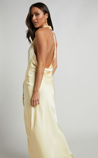 Bia Gathered Halter Side Split Cowl Back Maxi Dress in Butter Yellow