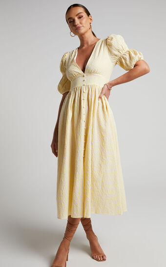 Augusta Midi Dress - Button Detail V Neck Double Puff Sleeve Dress in Butter Yellow