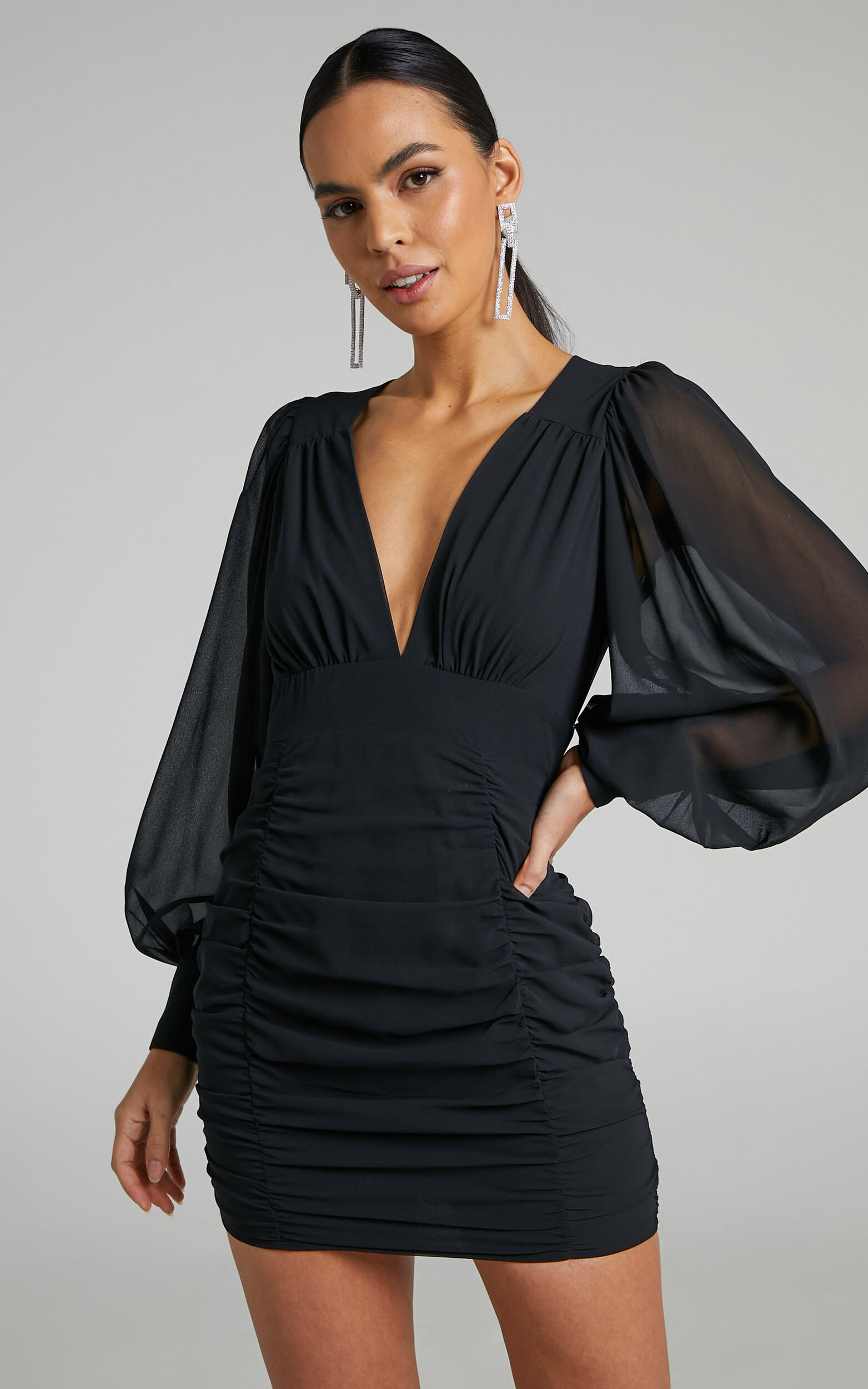 Hollis Mini Dress - Ruched Long Sleeve Plunge Neck Dress in Black - 04, BLK1