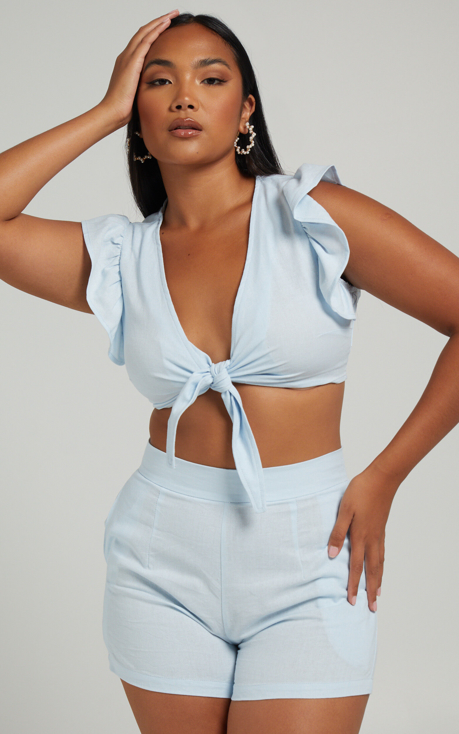 Arcaja Two Piece Short Set with Frill Sleeve Crop Top In Linen in Light Blue Linen Look - 04, BLU1, super-hi-res image number null