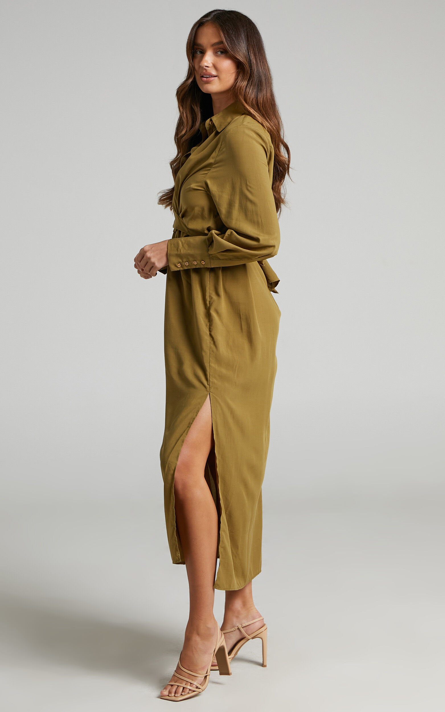 Trinidad Twist Front Button Through Maxi Dress in Khaki - 04, GRN1, super-hi-res image number null