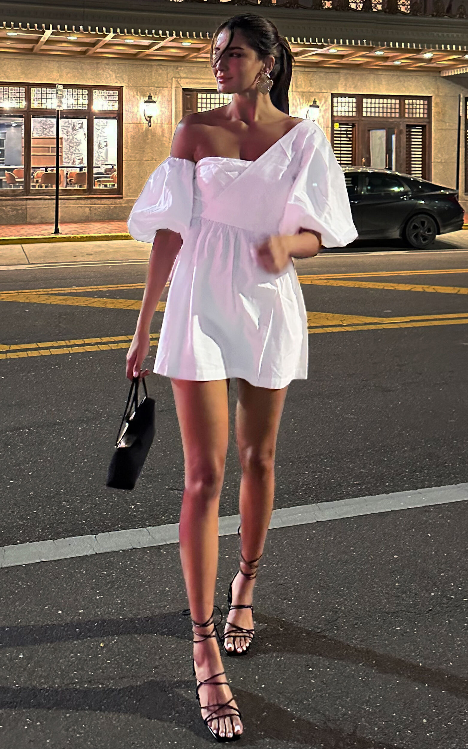 Sula Mini Dress - Asymmetric Off One Shoulder Puff Sleeve Dress in White - 06, WHT2