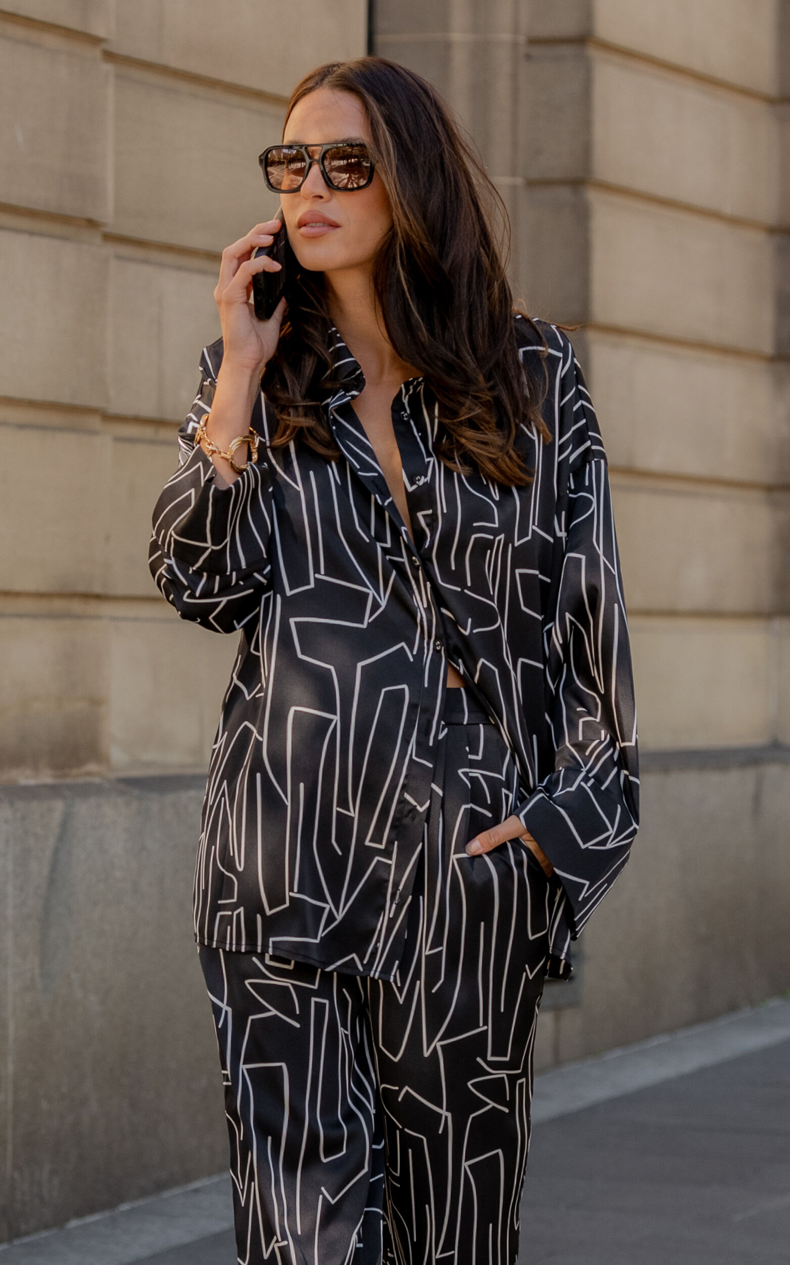 Janissa Long Sleeve Satin Shirt in Black and White Linear - 04, BLK1, super-hi-res image number null