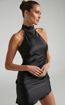 Kristelle Low Back Halter Mini Dress in Black