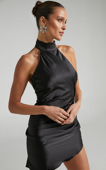 Kristelle Low Back Halter Mini Dress in Black