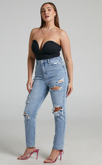 Billie Recycled Cotton Distressed Mom Jeans in Mid Blue Wash