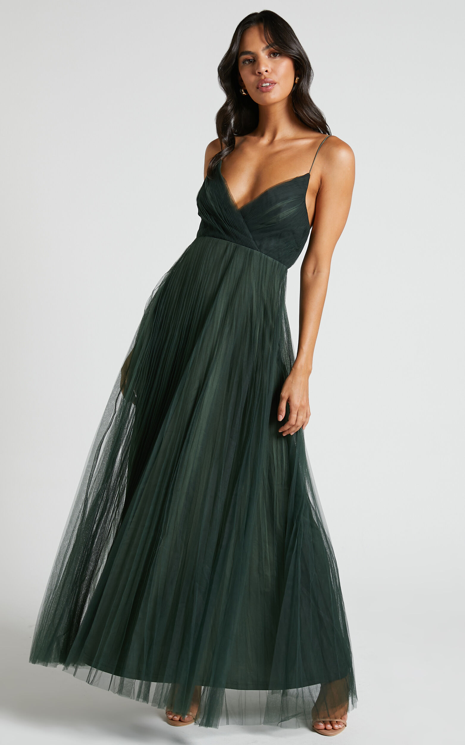 Allany Maxi Dress - Faux Wrap Bodice Pleated Tulle Dress in Emerald - 04, GRN1