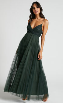 Allany Maxi Dress - Faux Wrap Bodice Pleated Tulle Dress in Emerald
