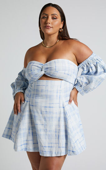 Blue Blend Check Dress Chieti Sleeve Off Puff - Mini | USA Shoulder Linen Amalie in Twist Emerita Showpo The Label
