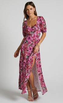 Lorie Maxi Dress- Short Sleeve Cut Out Tie Back Dress in Violette Blur Floral