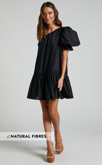 Amalie The Label - Aimi Linen One Shoulder Puff Sleeve Mini Dress in Black