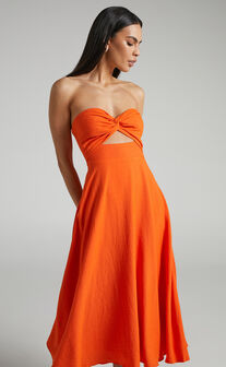Avie Midi Dress - Twist Strapless Cocktail Dress in Orange