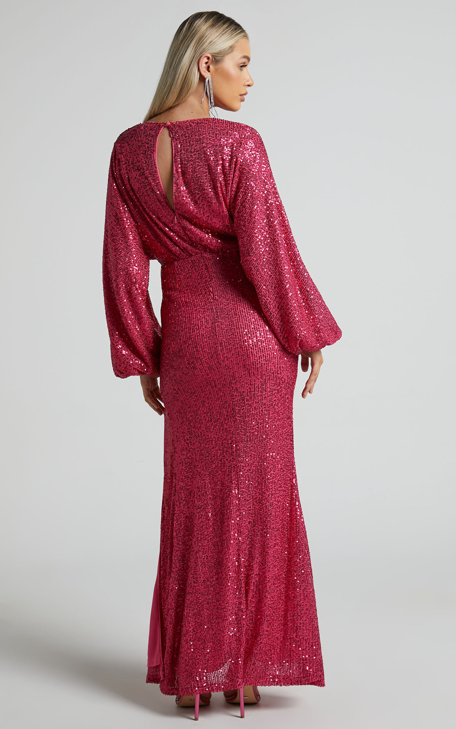 Arlington Midi Dress - Sequin Long Sleeve Dress in Hot Pink | Showpo