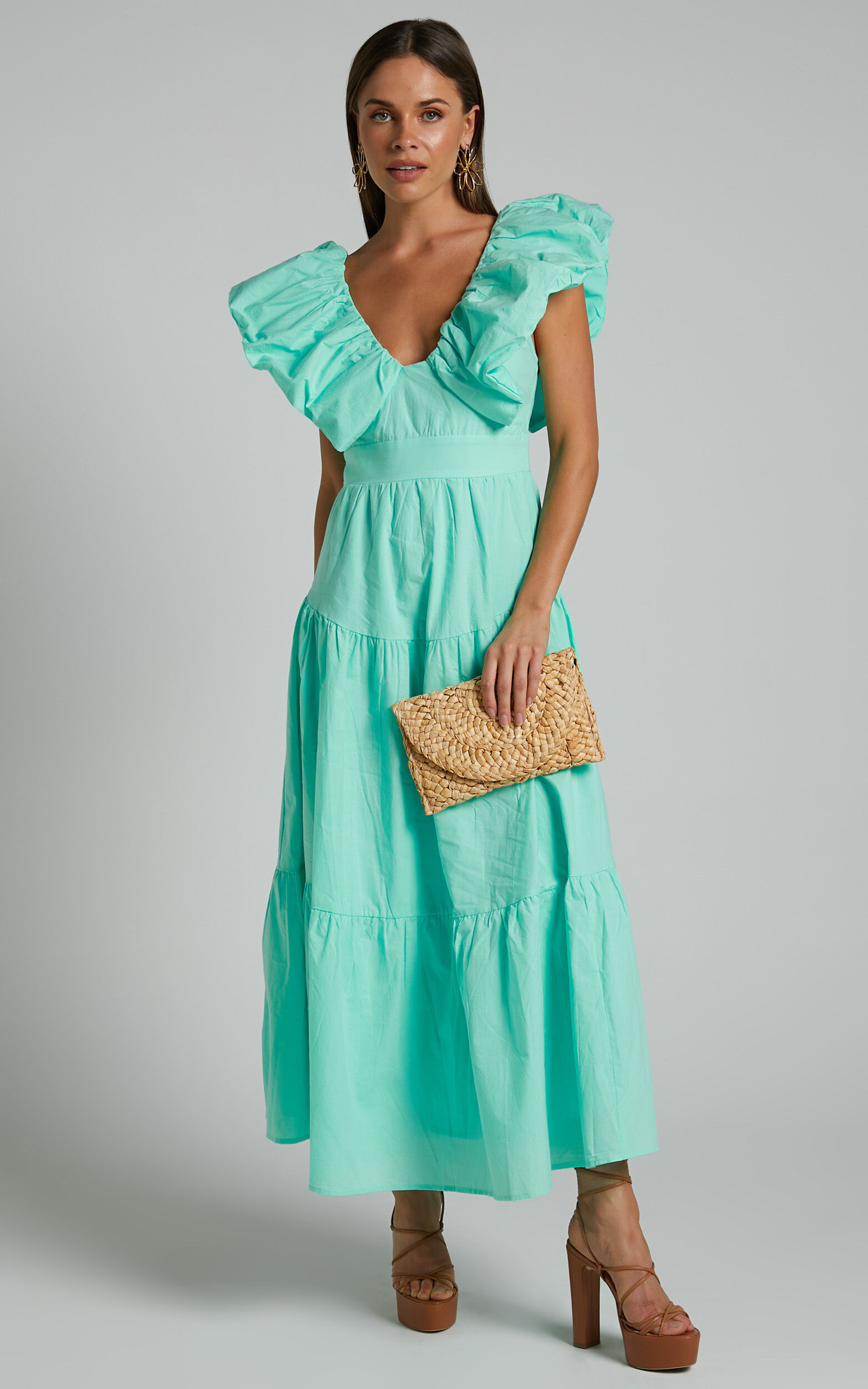 Laurah Midi Dress - Ruffle V Neck Tiered Dress in Mint | Showpo