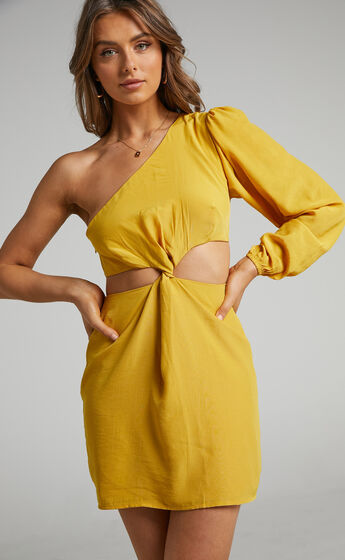 Glannica One Shoulder Mini Dress with Twist Front in Yellow