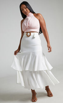 Sanya Belted Tiered Frill Hem Maxi Skirt in White
